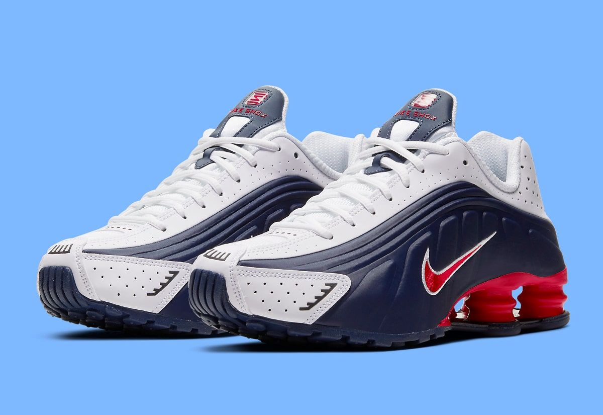 red white and blue nike shox