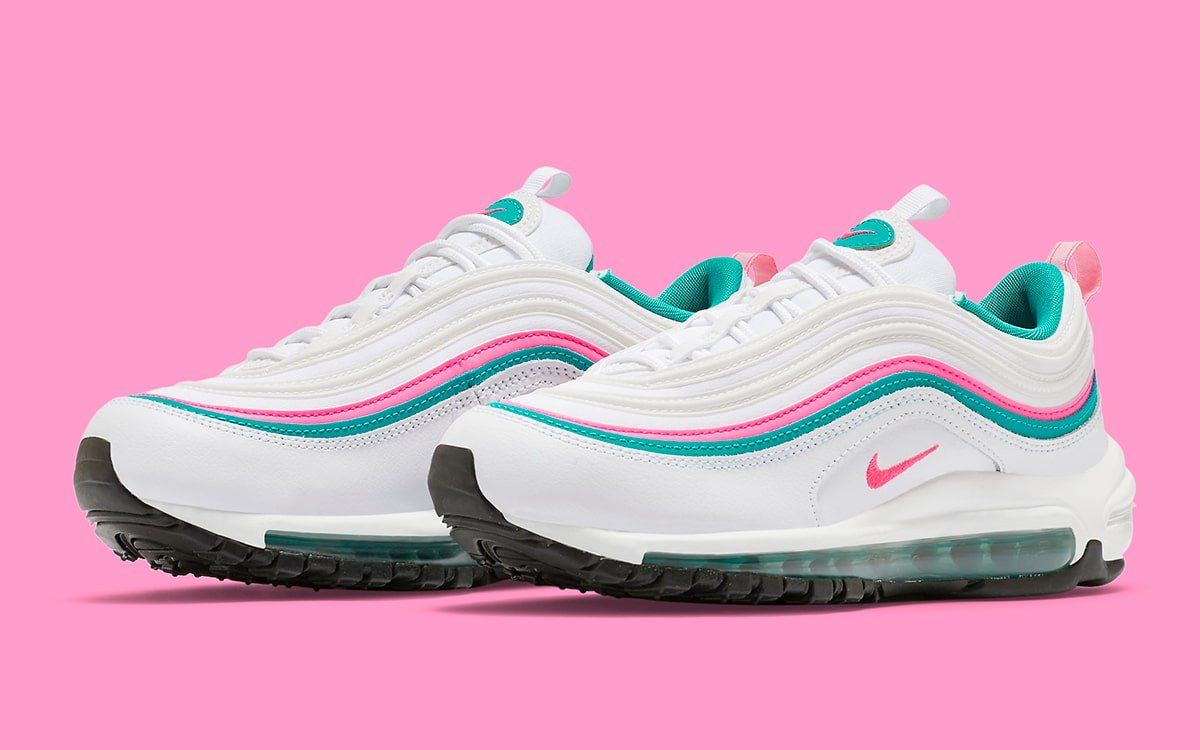 white pink and teal air max 97