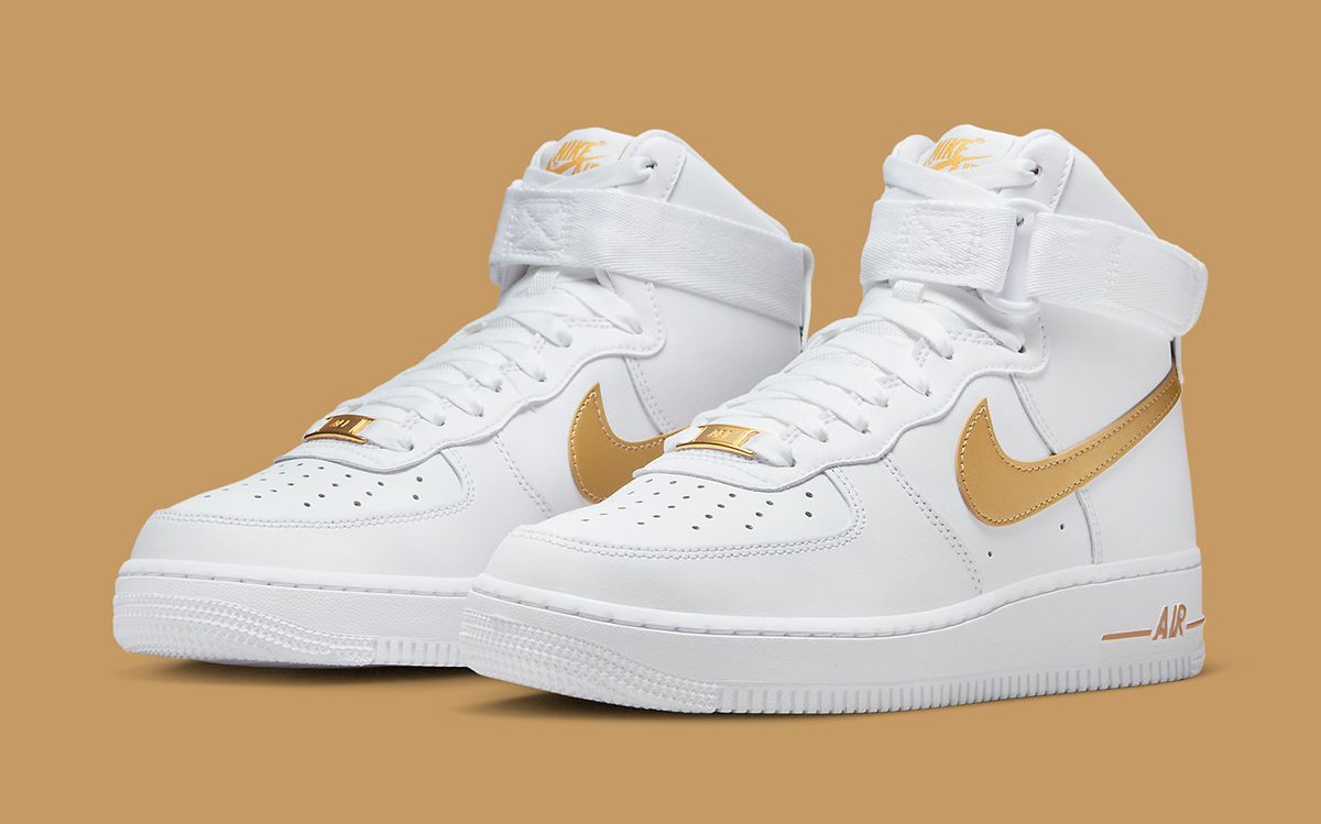 This af1 high white Women's Air Force 1 High in White and Gold is Available Now